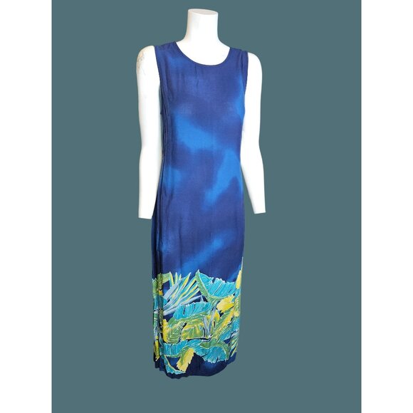 Darian Vintage Tropical Blue Sleeveless Dress Banana Leaf Print Waist Tie Size 6 - Picture 6 of 9
